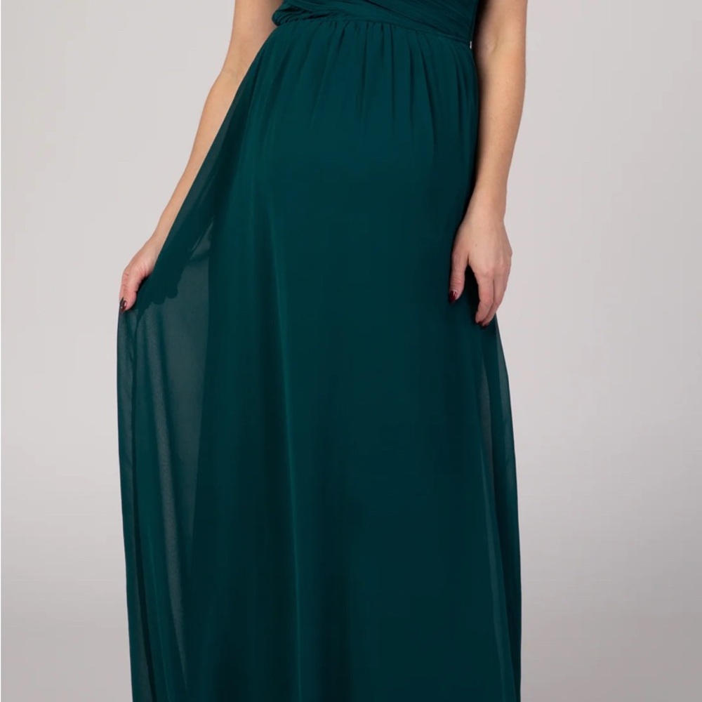 PinkBlush Forest Green Off Shoulder Chiffon Maxi Maternity Dress Size Small